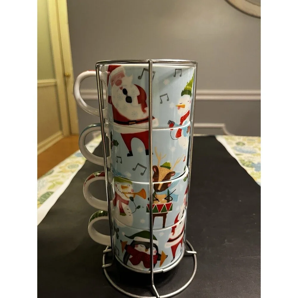Pier 1 Stackable Santa Snowman Christmas Mugs w Metal Holder